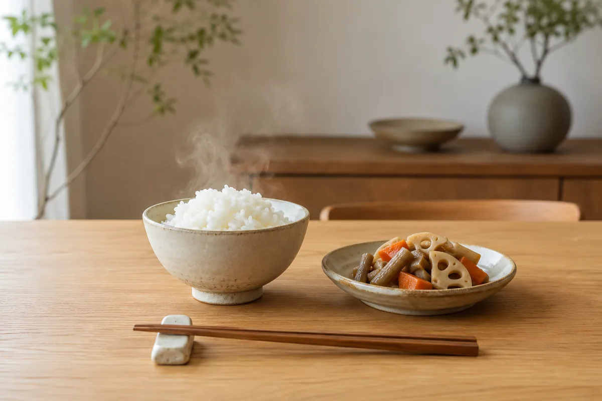 湯気の立つご飯茶碗と根菜の煮物、箸が並ぶ食卓のイメージ
